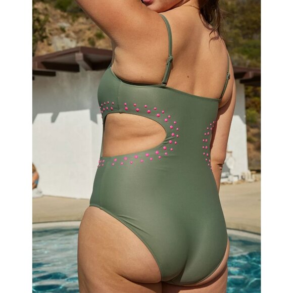 Aerie NWT Cut Out Full Coverage One Piece Swimsuit in Olive Fun - Picture 2 of 10